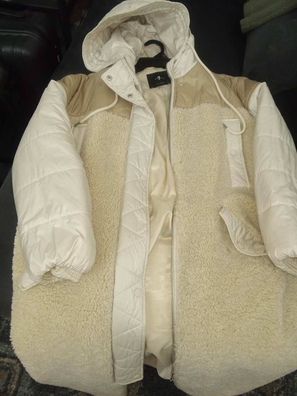 7 For All Mankind Cream and Tan Sherpa Ski Jacket with Hood